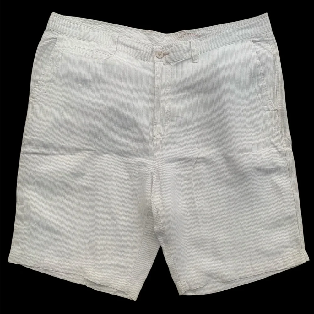 Tommy Bahama Relax Linen Shorts Mens 40 Beige Striped Casual Flat Front 5 Pocket